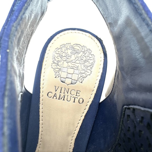 Vince Camuto Dastana Royal Blue Perforated Suede Leather Peep Toe Sandal Heels 7 - Picture 3 of 9